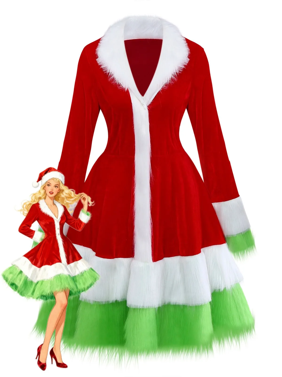 Red & Green 1940s Christmas Grinch Fur Trimmed Dress sold by Retro Stage