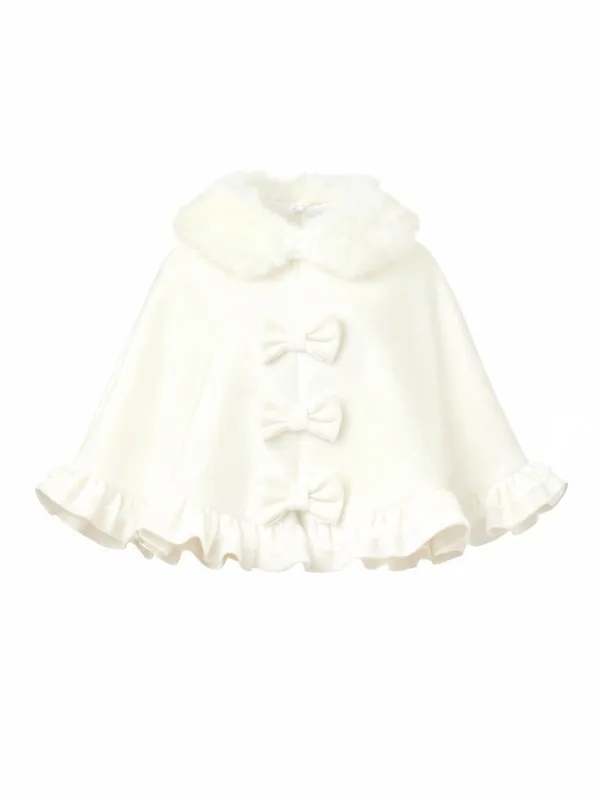 [Pre-Sale] White 1940s Fur-Collar Bow Ruffled Hem Cape sold by Retro Stage