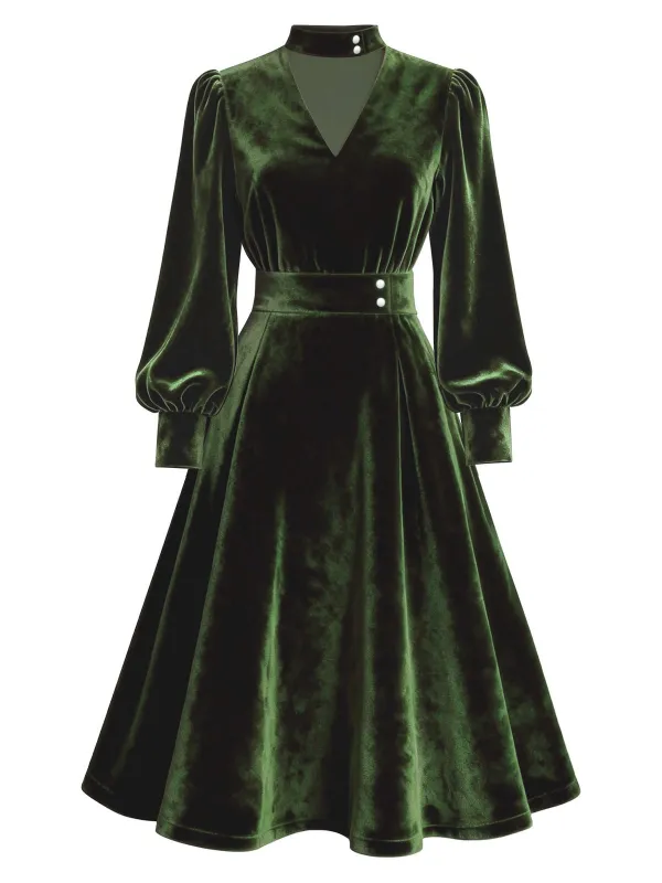 [Pre-Sale] Green 1950s Keyhole V-Neck Pearl Velvet Dress sold by Retro Stage