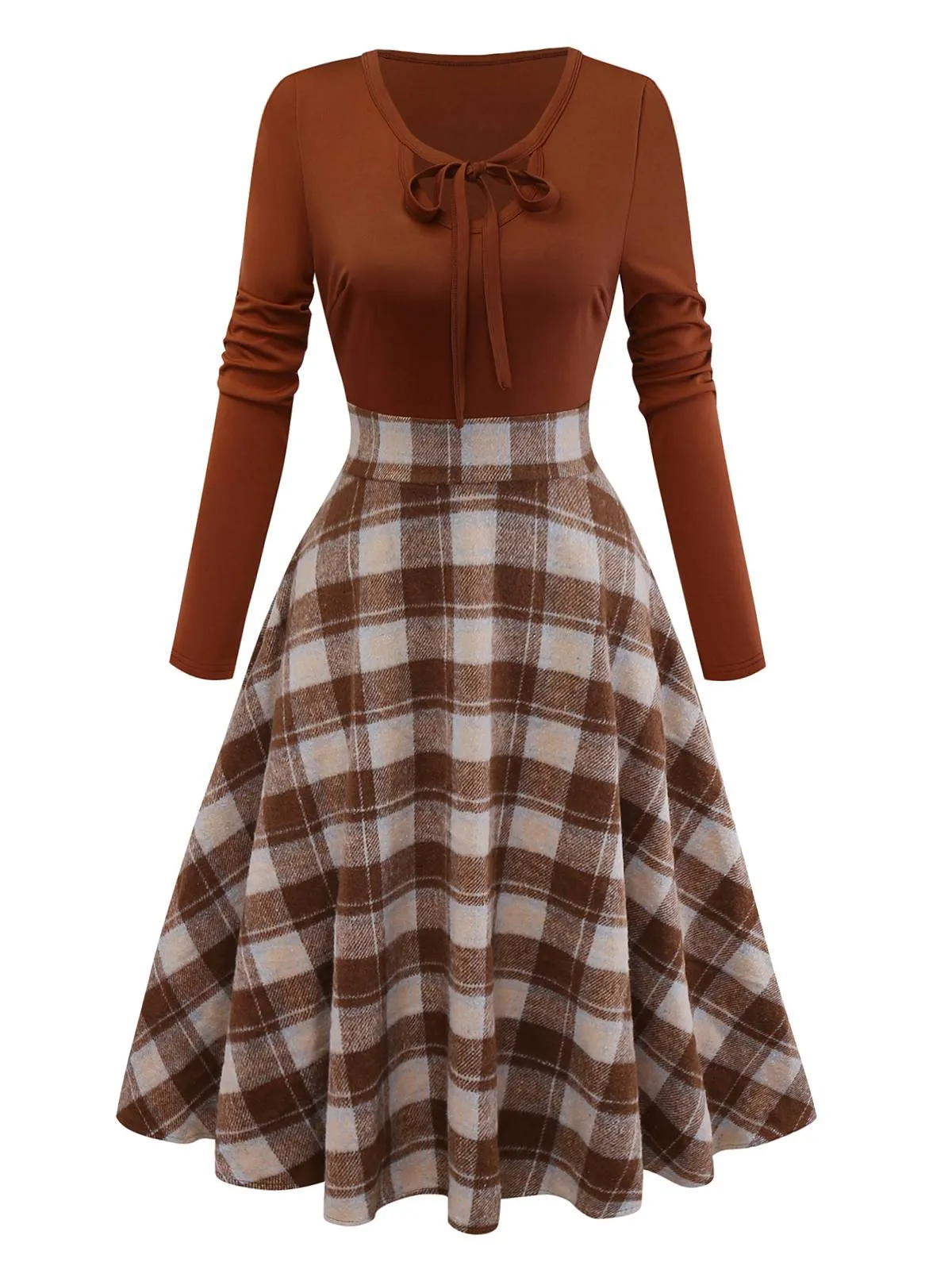 Brown 1950s Tie-Neck Knit Plaid Dress sold by Retro Stage product image thumbnail 2