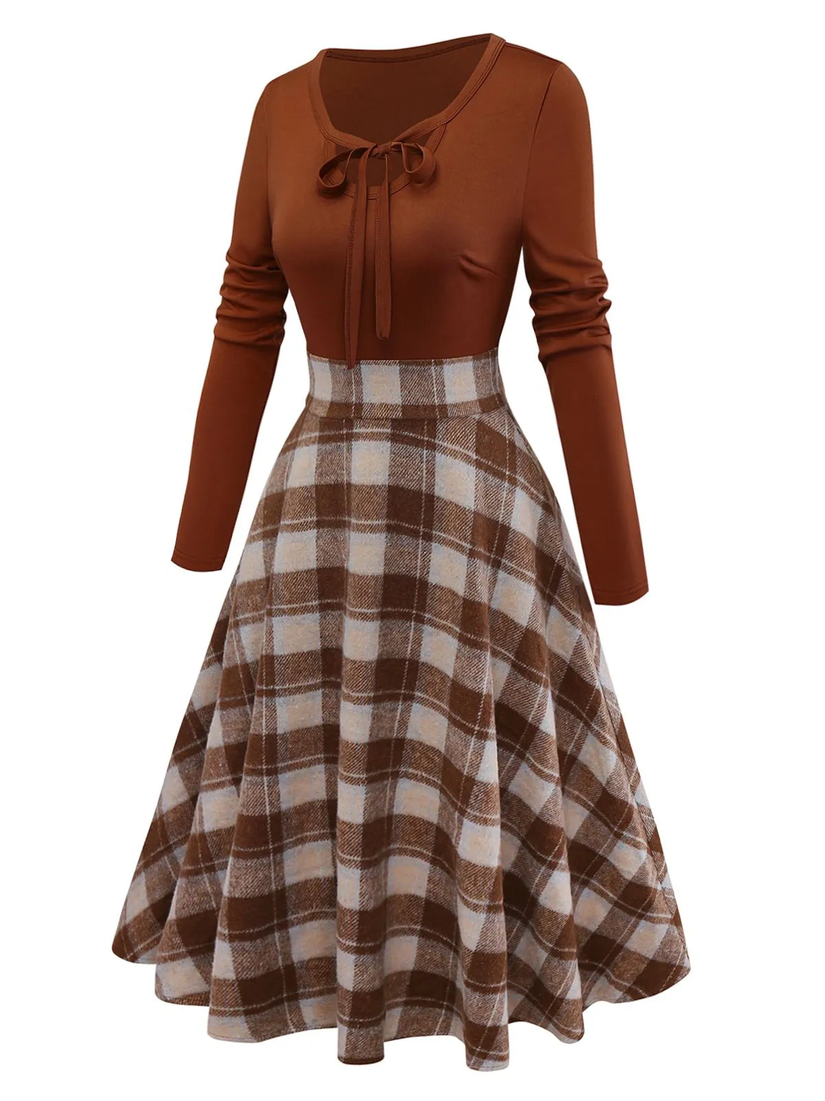 Brown 1950s Tie-Neck Knit Plaid Dress sold by Retro Stage product image thumbnail 3