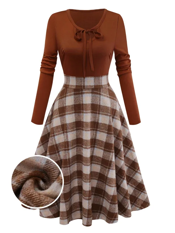 [Pre-Sale] Brown 1950s Tie-Neck Knit Plaid Dress sold by Retro Stage