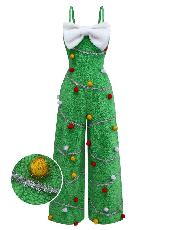 [Pre-Sale] Green 1930s Christmas Tree Pom-Pom Bow Jumpsuit sold by Retro Stage