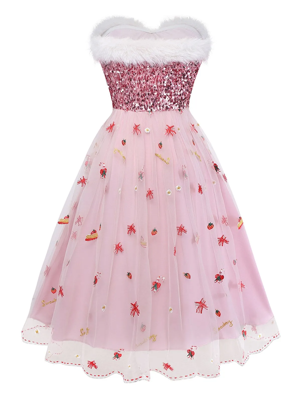 Pink 1950s Christmas Furry Strapless Sequined Mesh Dress sold by Retro Stage product image thumbnail 4