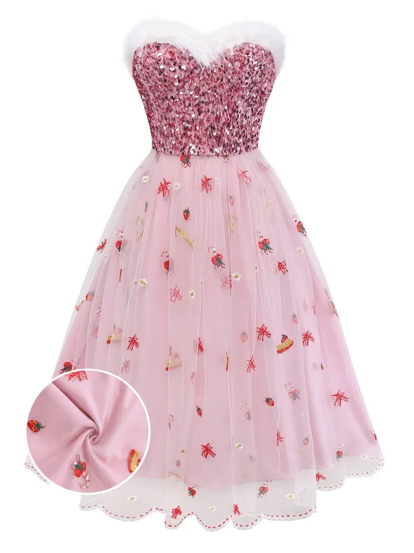 [Pre-Sale] Pink 1950s Christmas Furry Strapless Sequined Mesh Dress sold by Retro Stage