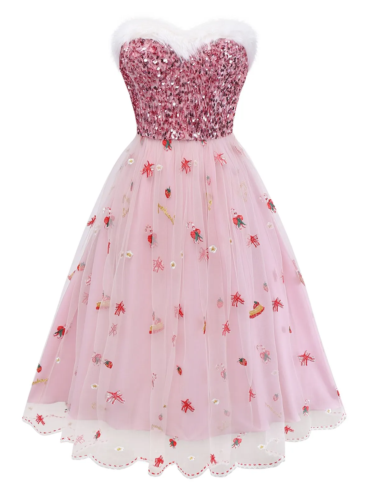 Pink 1950s Christmas Furry Strapless Sequined Mesh Dress sold by Retro Stage product image thumbnail 2