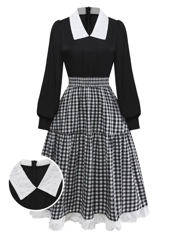 [Pre-Sale] Black 1950s Plaid Patchwork Embroidered Lace Dress sold by Retro Stage