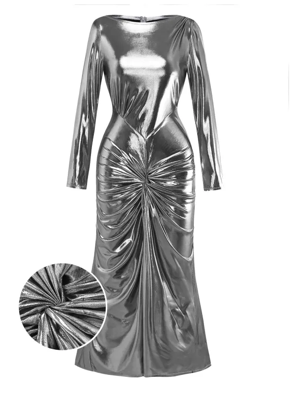 [Pre-Sale] Silver 1970s Metallic Twist Boat Neck Slit Dress sold by Retro Stage