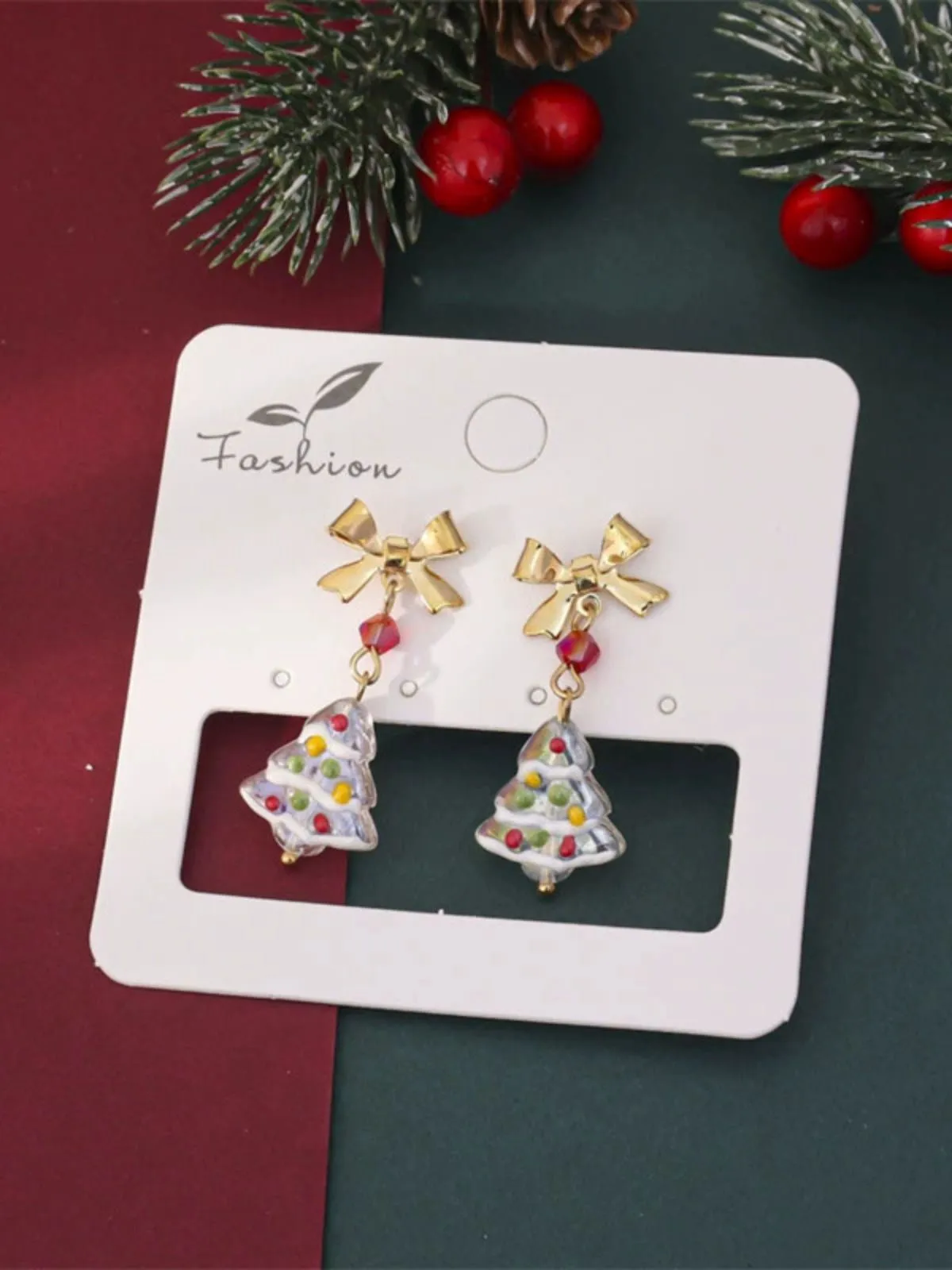 Vintage Gold Bowknot Christmas Tree Dangle Earrings sold by Retro Stage product image thumbnail 3