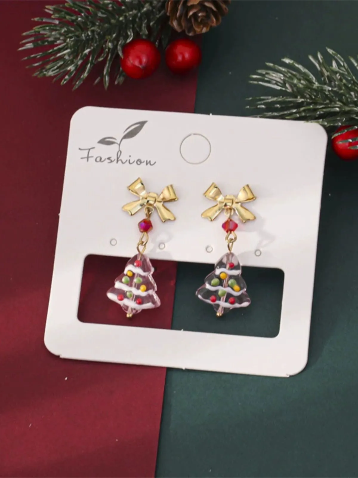 Vintage Gold Bowknot Christmas Tree Dangle Earrings sold by Retro Stage product image thumbnail 4