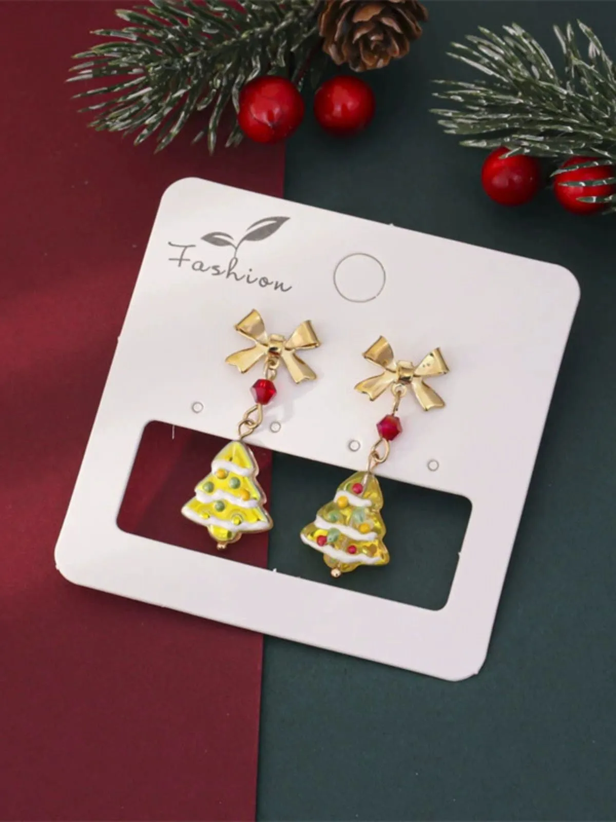 Vintage Gold Bowknot Christmas Tree Dangle Earrings sold by Retro Stage product image thumbnail 5