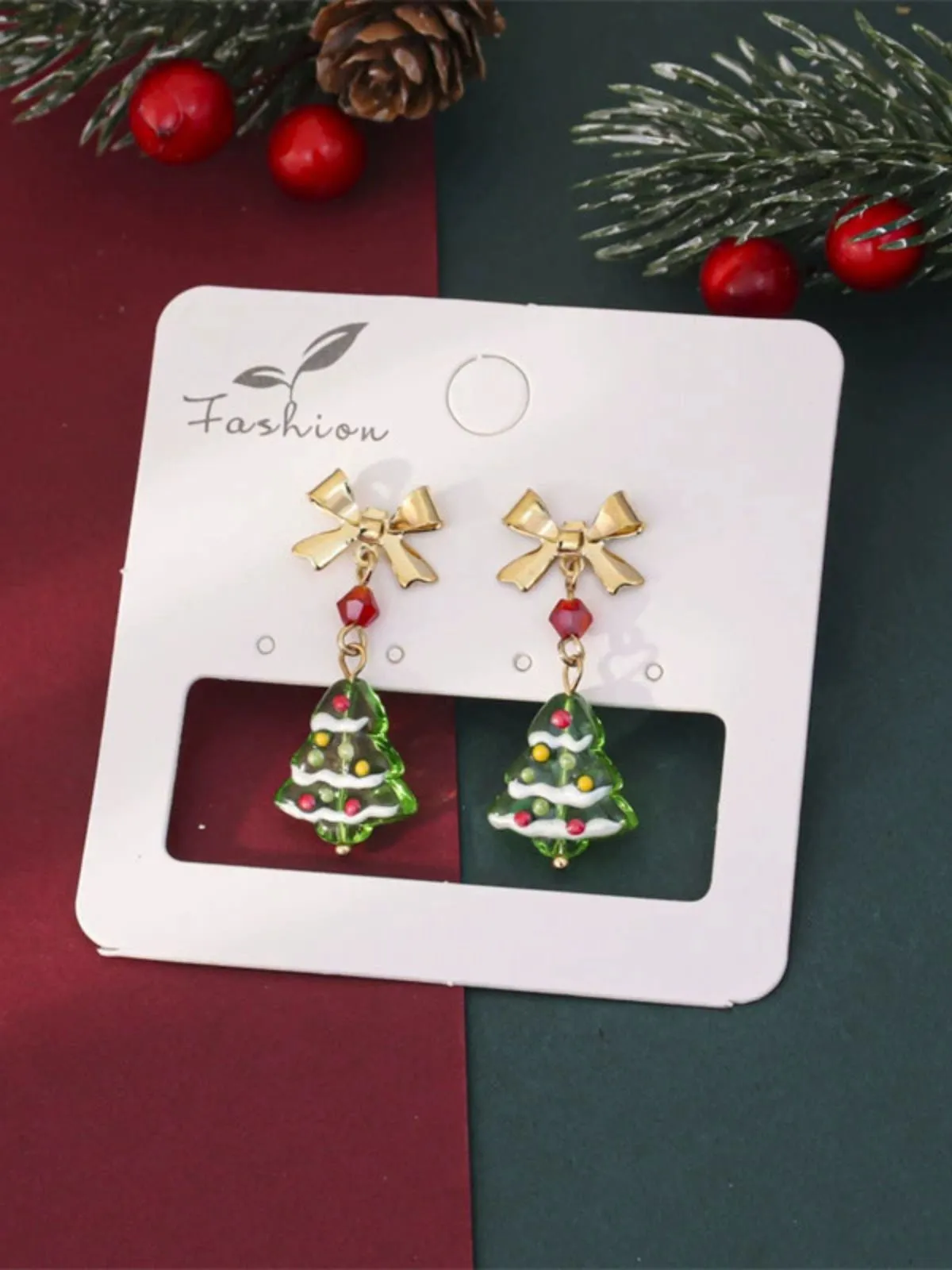 Vintage Gold Bowknot Christmas Tree Dangle Earrings sold by Retro Stage product image thumbnail 2