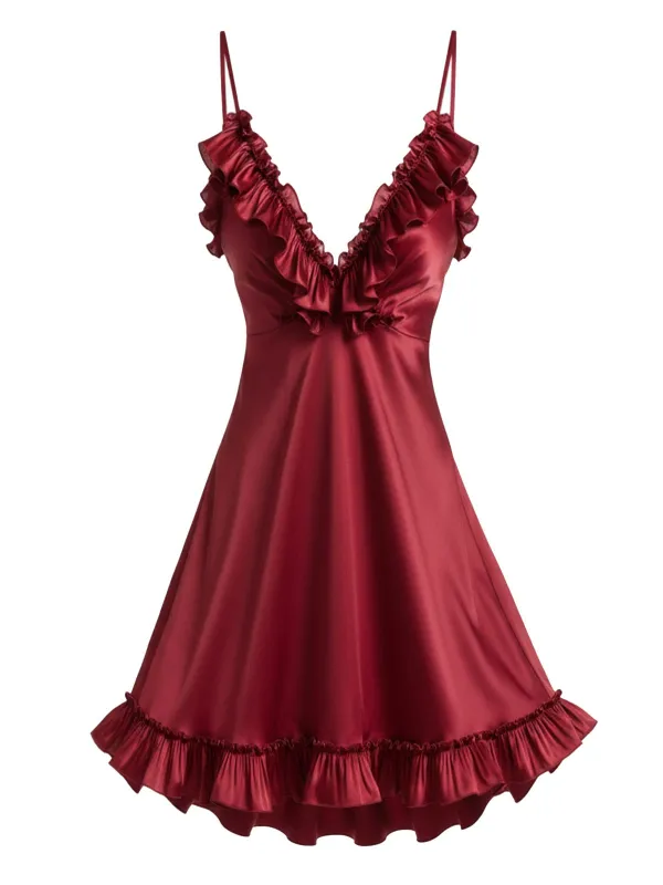 [Pre-Sale] Red 1970s Satin Deep V Ruffled Slip Nightgown sold by Retro Stage