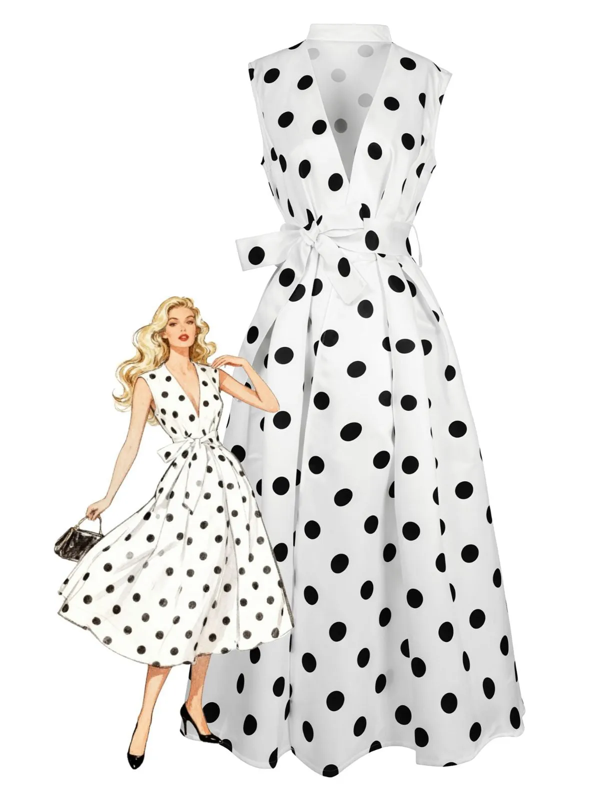 1950s Surplice V-Neck Polka Dot Belted Dress sold by Retro Stage