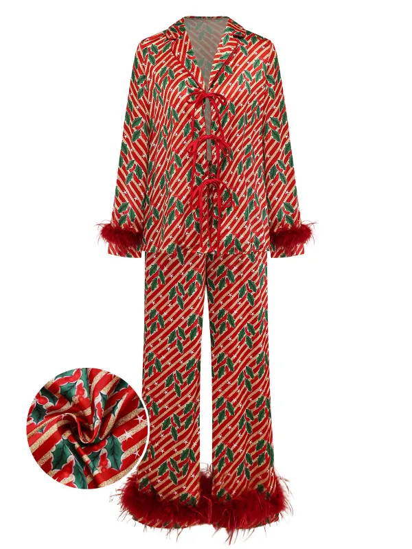 Red 1950s Holly & Candy Cane Stripes Feather Pajama Set sold by Retro Stage