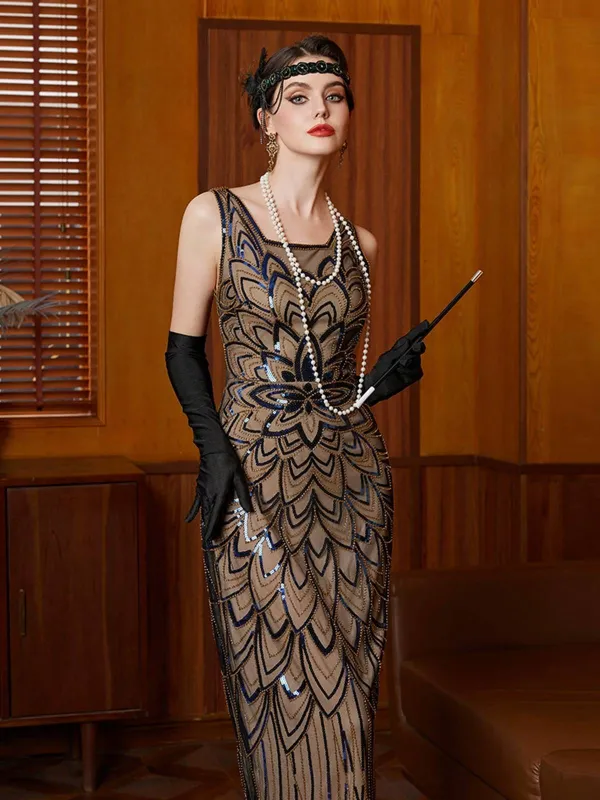 Black 1920s Floral Sequin Irregular Hem Dress sold by Retro Stage