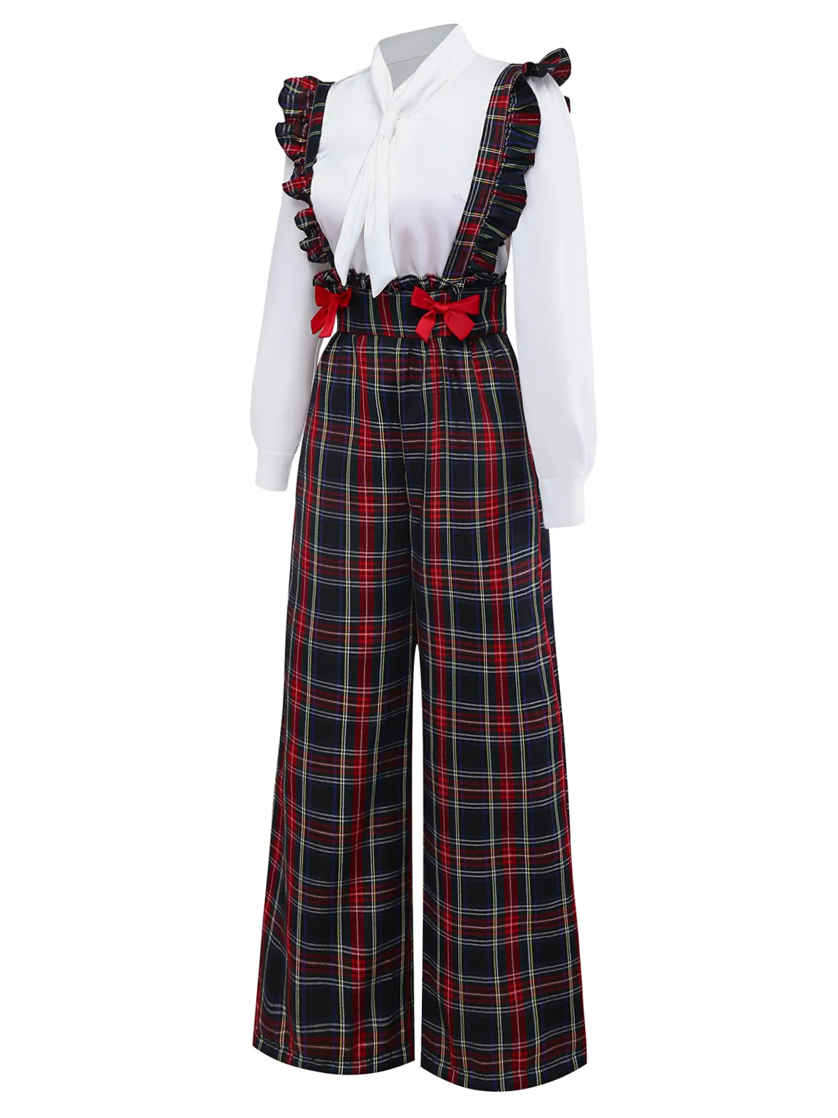 2PCS White & Black 1940s Blouse & Tartan Overall Pants sold by Retro Stage product image thumbnail 3