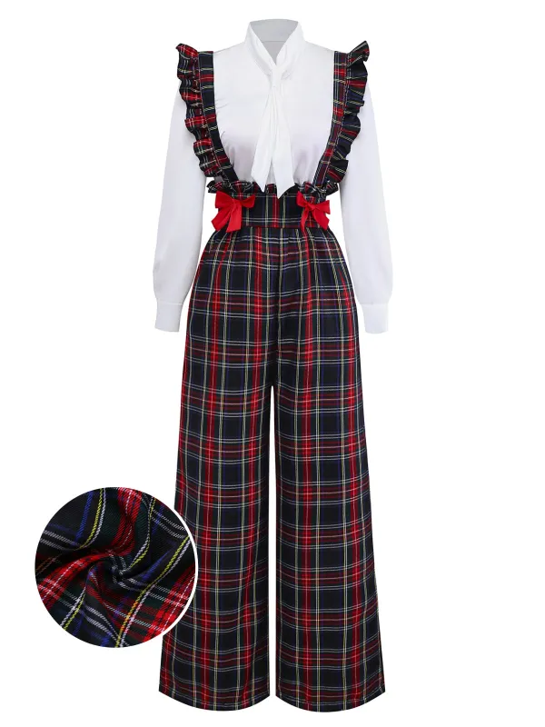 [Pre-Sale] 2PCS White & Black 1940s Blouse & Tartan Overall Pants sold by Retro Stage