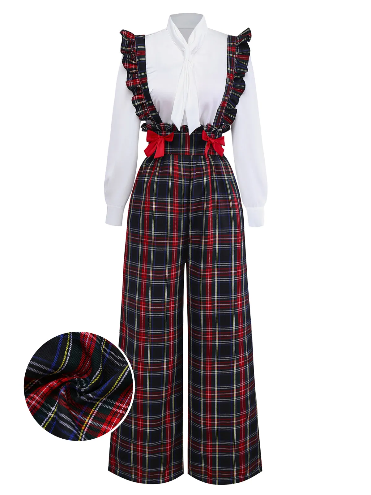 2PCS White & Black 1940s Blouse & Tartan Overall Pants sold by Retro Stage
