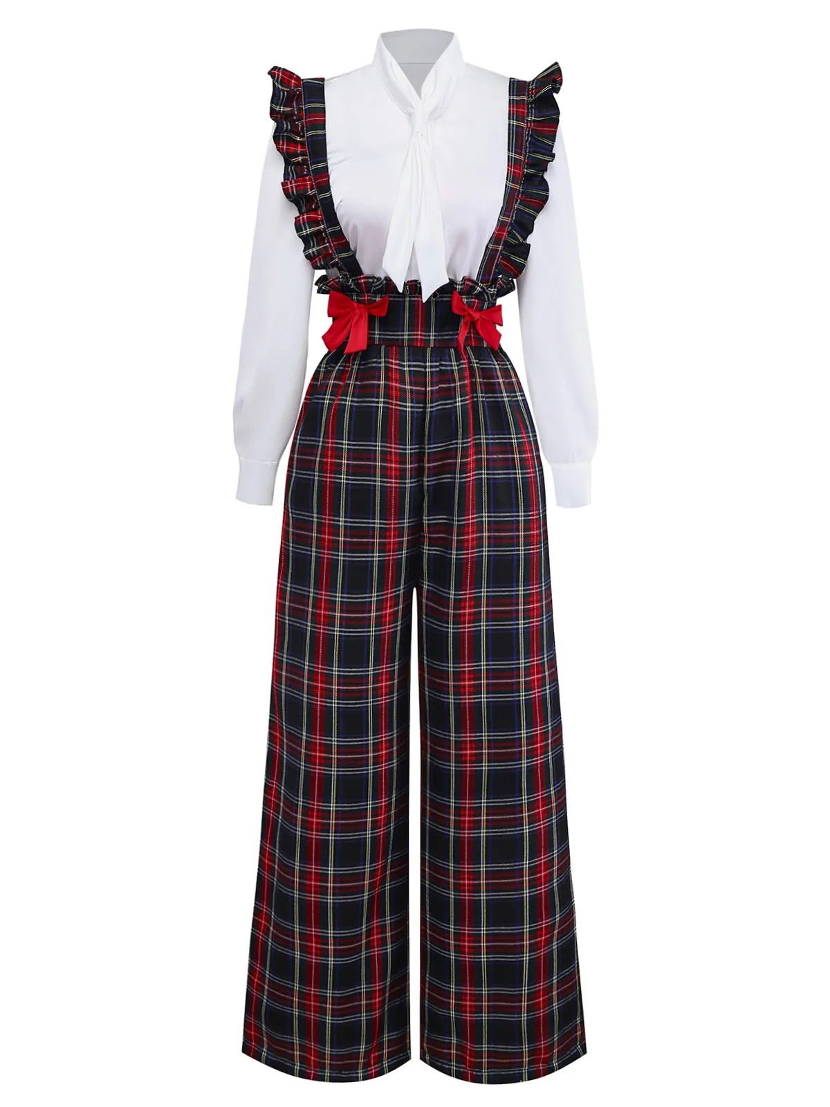 2PCS White & Black 1940s Blouse & Tartan Overall Pants sold by Retro Stage product image thumbnail 2