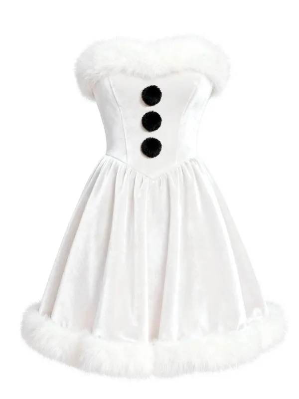 [Pre-Sale] White 1960s Snowman Velvet Plush Trim Strapless Dress sold by Retro Stage