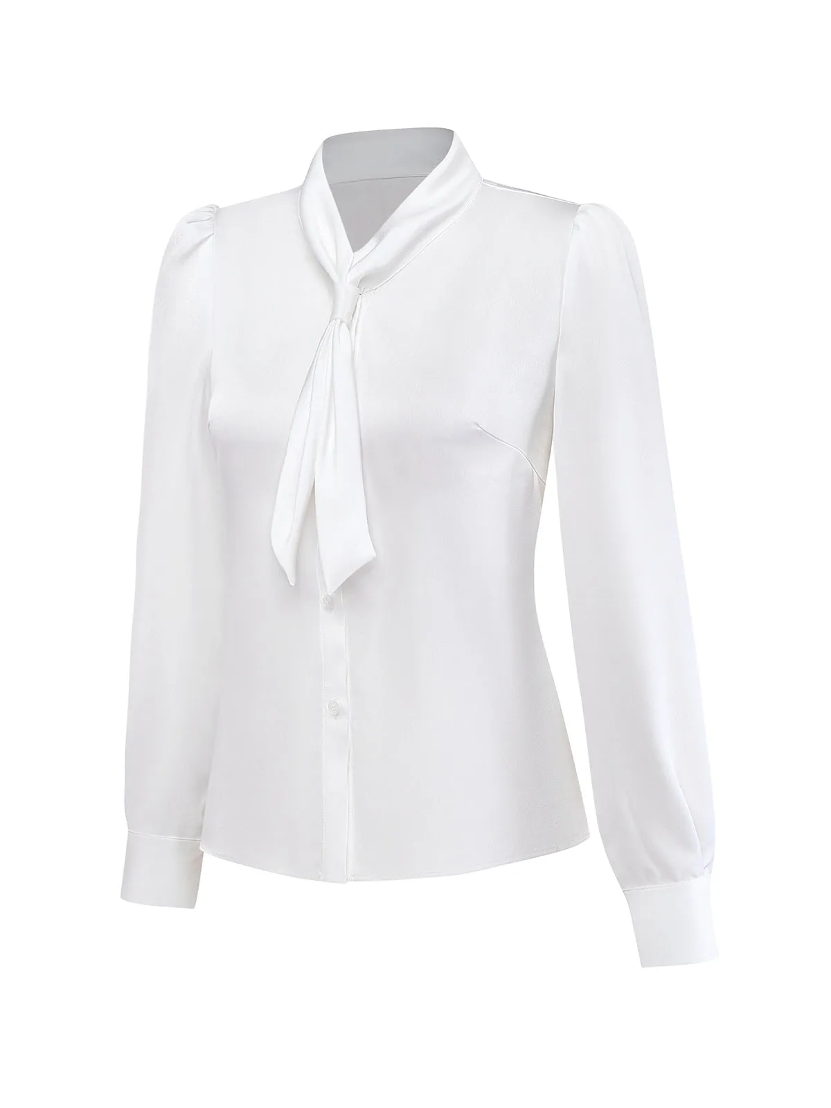 White 1940s Solid Tie Neck Satin Blouse sold by Retro Stage product image thumbnail 3