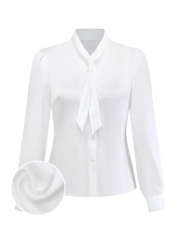 [Pre-Sale] White 1940s Solid Tie Neck Satin Blouse sold by Retro Stage