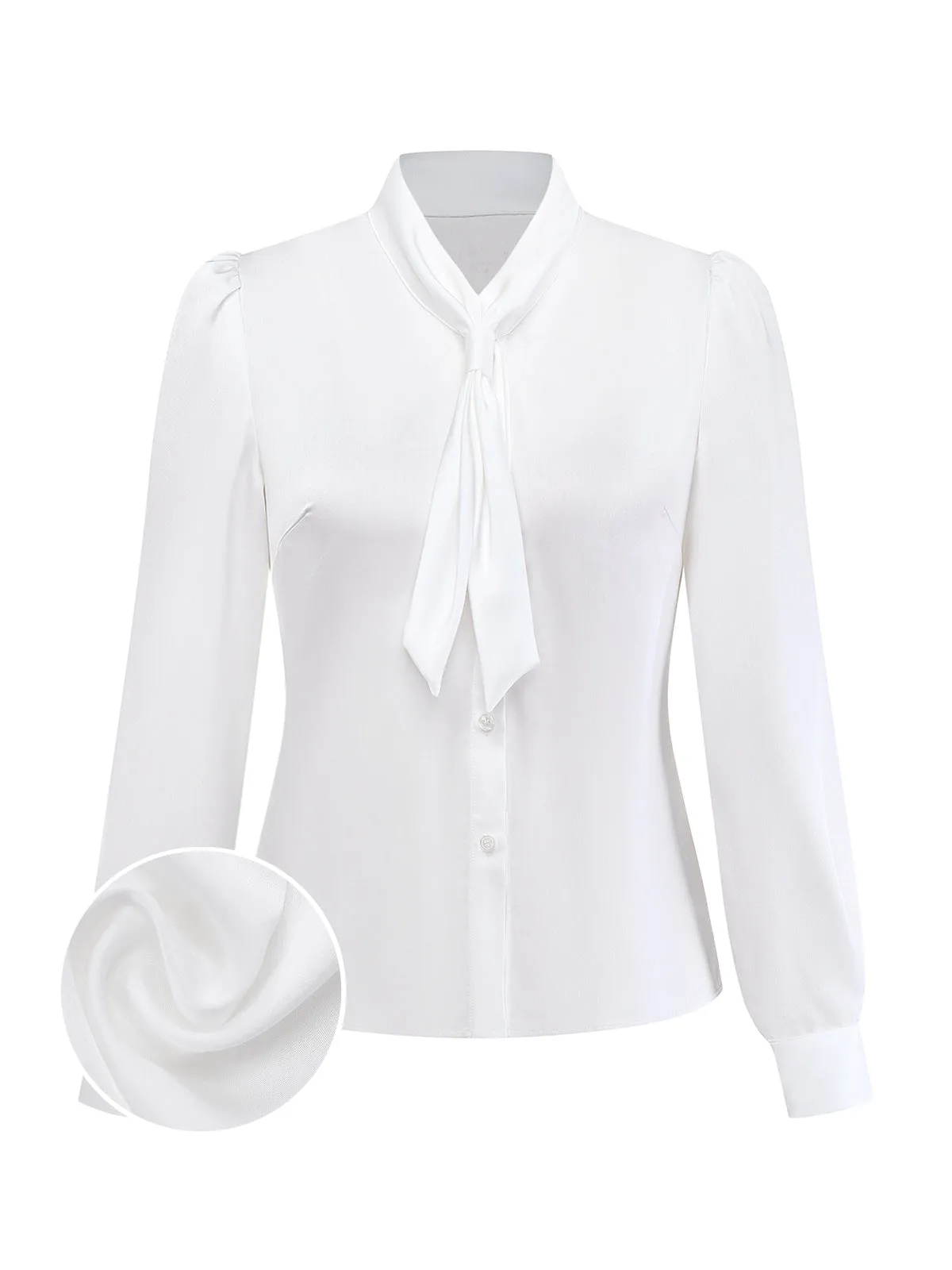 White 1940s Solid Tie Neck Satin Blouse sold by Retro Stage