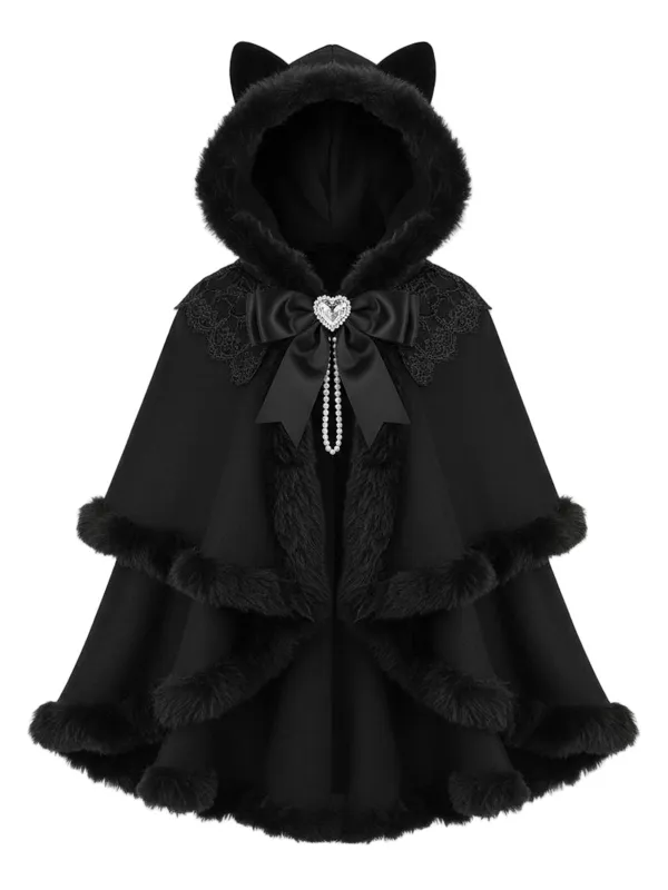 [Pre-Sale] 1960s Black Cat Lace Plush Trim Hooded Cloak sold by Retro Stage