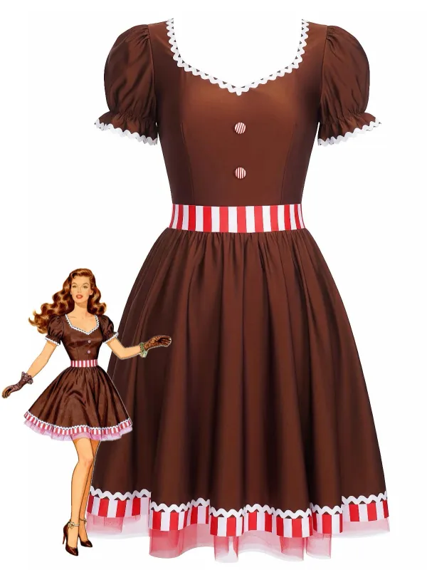 [Pre-Sale] Rust Red 1950s Gingerbread Man Stripe Patchwork Dress sold by Retro Stage