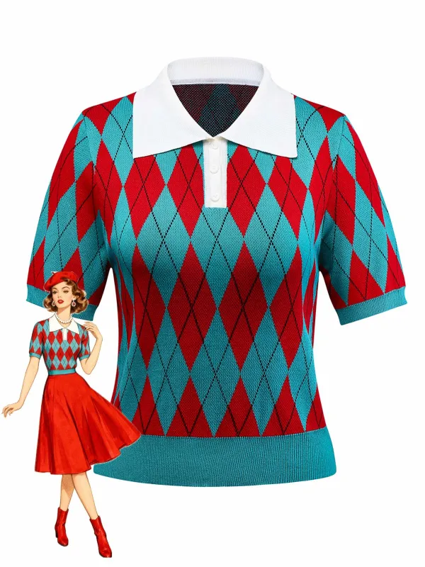 1930s Lapel Collar Color Block Diamond Grid Sweater sold by Retro Stage