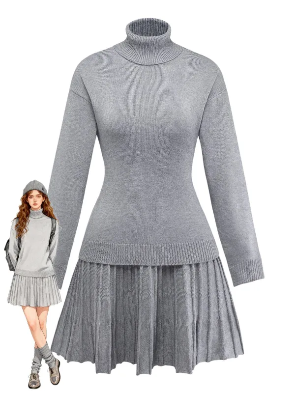 2PCS 1960s Knit Turtleneck Sweater & Pleated Skirt sold by Retro Stage