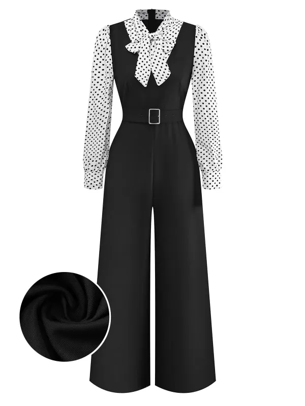 [Pre-Sale] Black 1940s Dots Mock Two-Piece Tie Neck Jumpsuit sold by Retro Stage