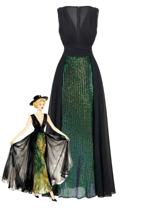 Green 1930s Sequin Deep V Tulle Sleeveless Dress sold by Retro Stage