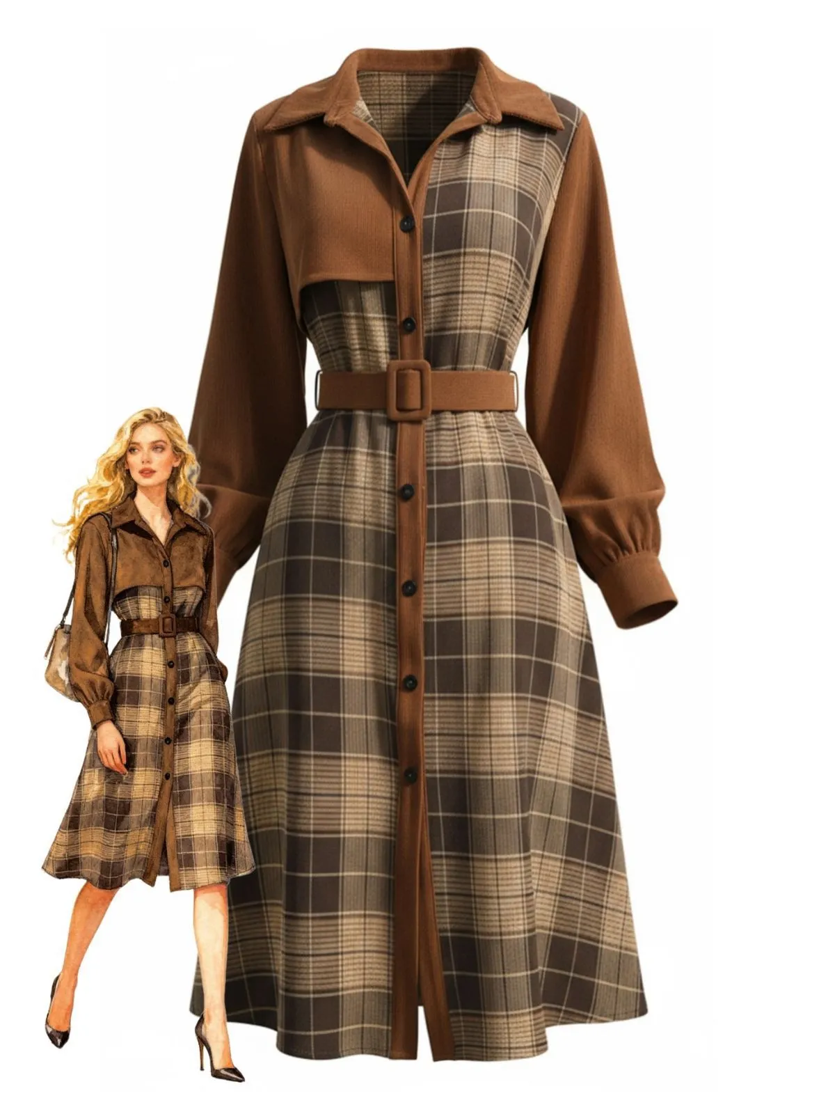 Brown 1950s Plaid Corduroy Shirt Collar Dress sold by Retro Stage