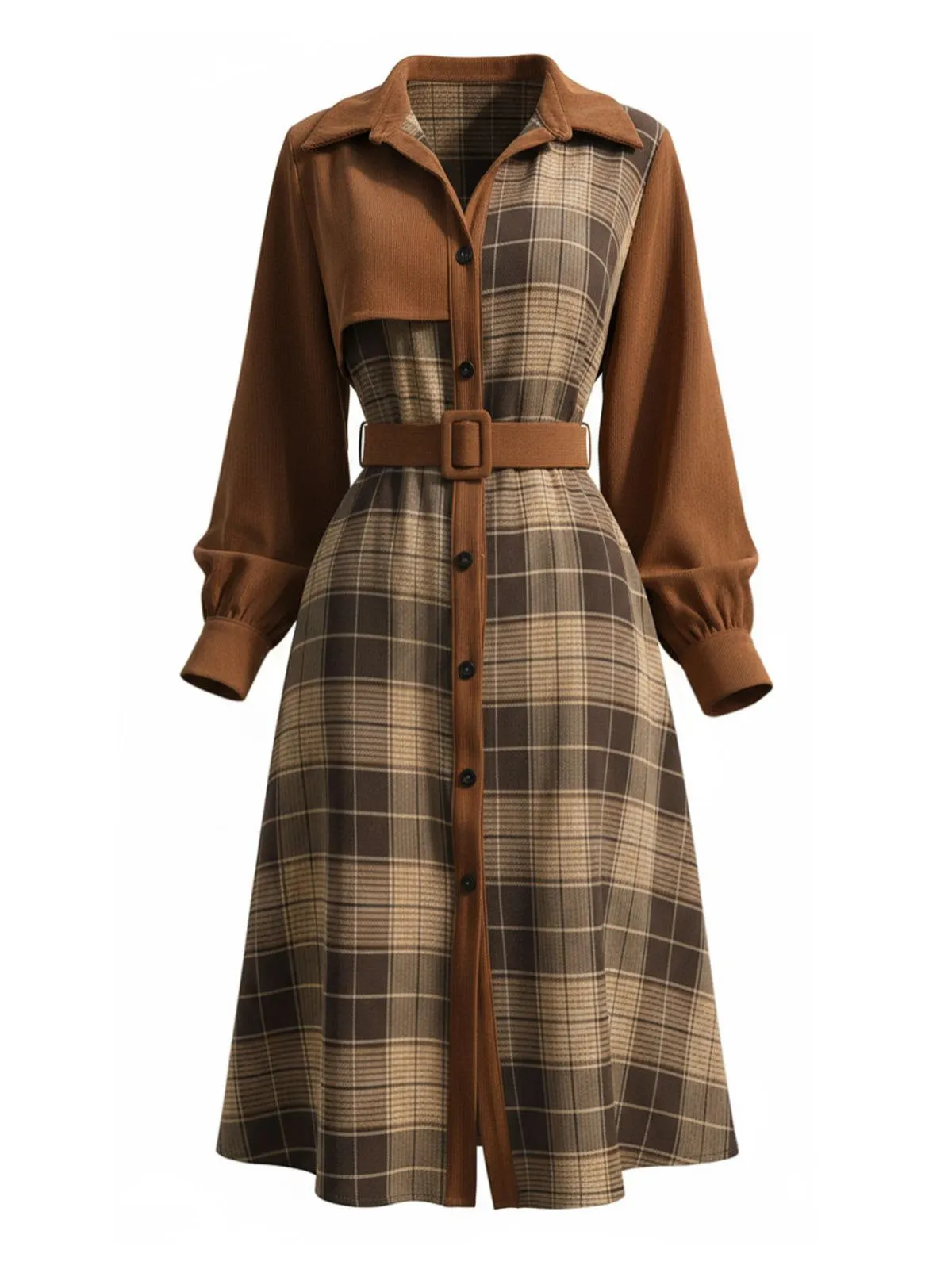 Brown 1950s Plaid Corduroy Shirt Collar Dress sold by Retro Stage product image thumbnail 2