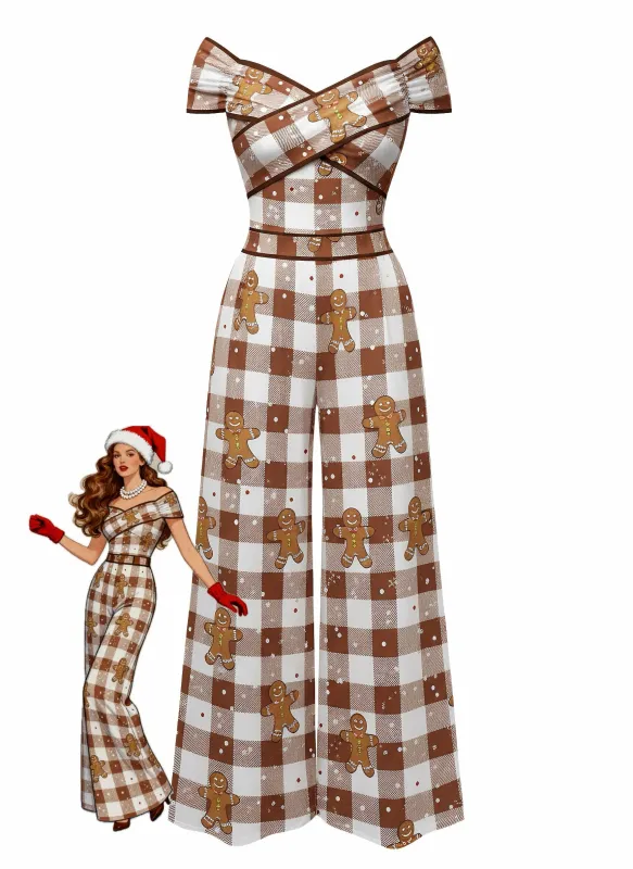 [Pre-Sale] Brown 1960s Off-Shoulder Gingerbread Jumpsuit sold by Retro Stage