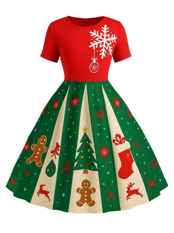 [Pre-Sale] [Plus Size] Red & Green 1950s Christmas Snowflake Swing Dress sold by Retro Stage