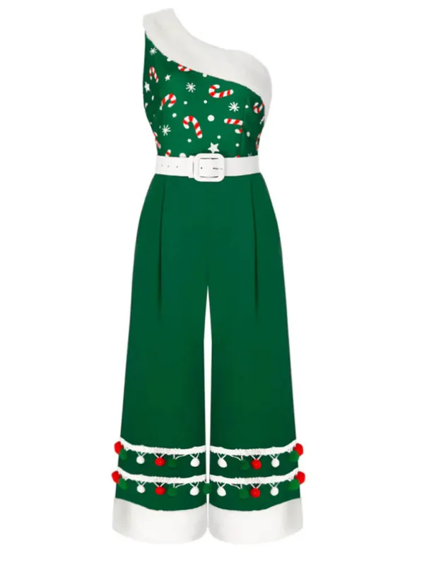 [Pre-Sale] [Plus Size] Green 1950s Christmas One Shoulder Fur Ball Belted Jumpsuit sold by Retro Stage