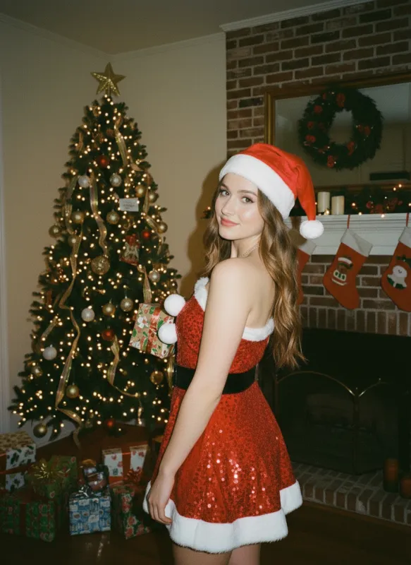 Red 1960s Christmas Fur Sequin Strapless Dress sold by Retro Stage