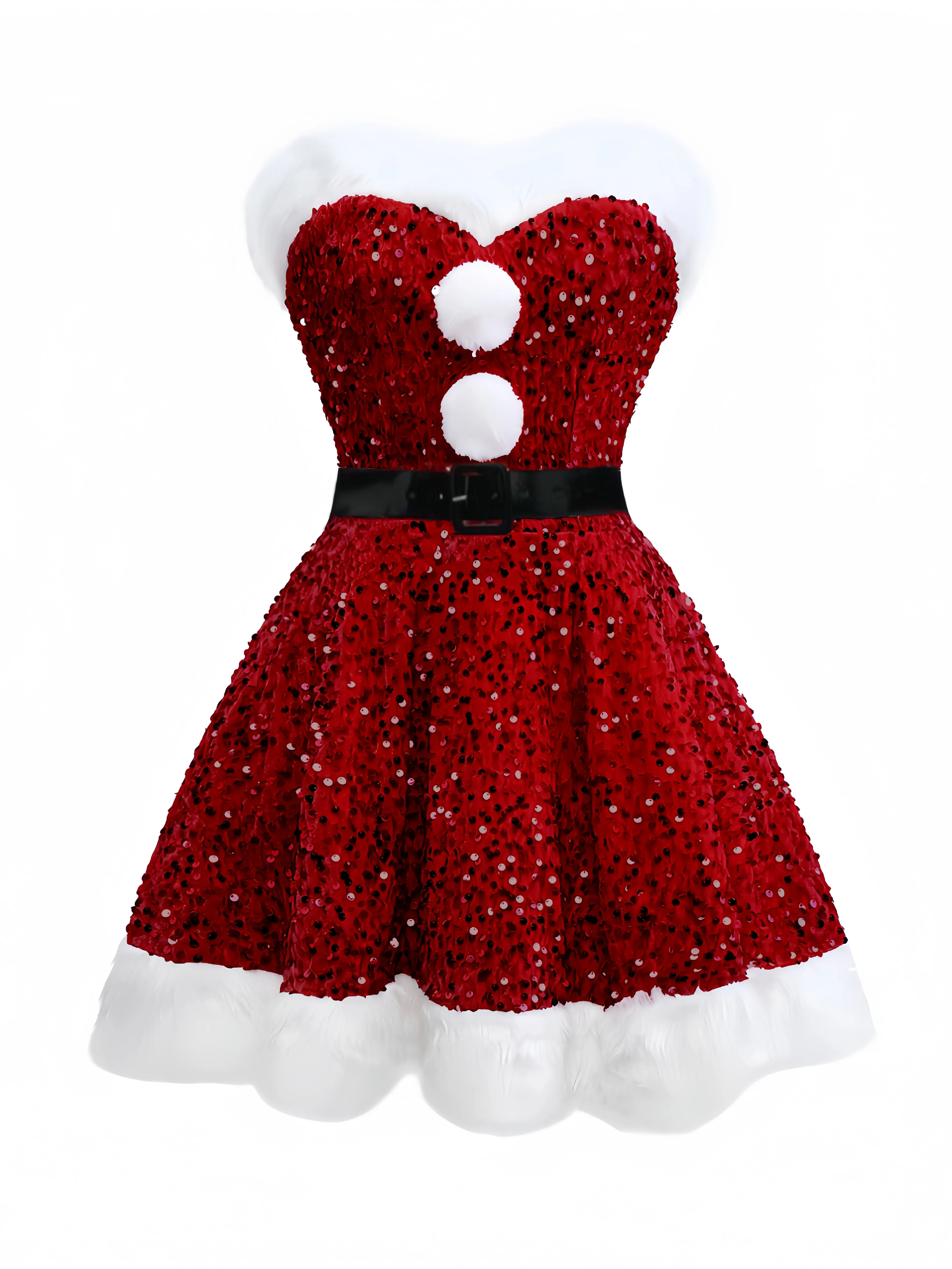 Red 1960s Christmas Fur Sequin Strapless Dress sold by Retro Stage