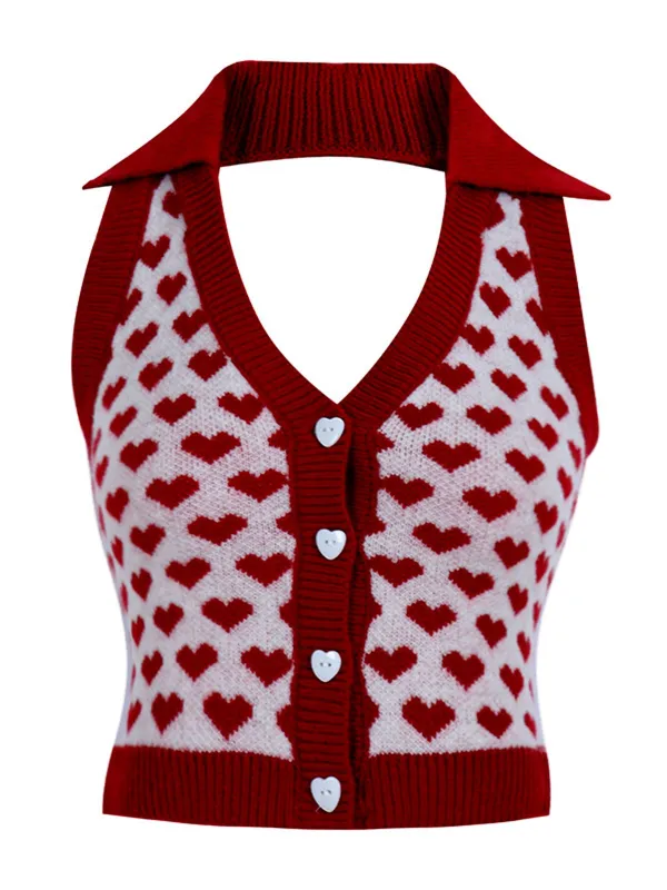 Red 1950s Knitting Heart Halter Button Tops sold by Retro Stage