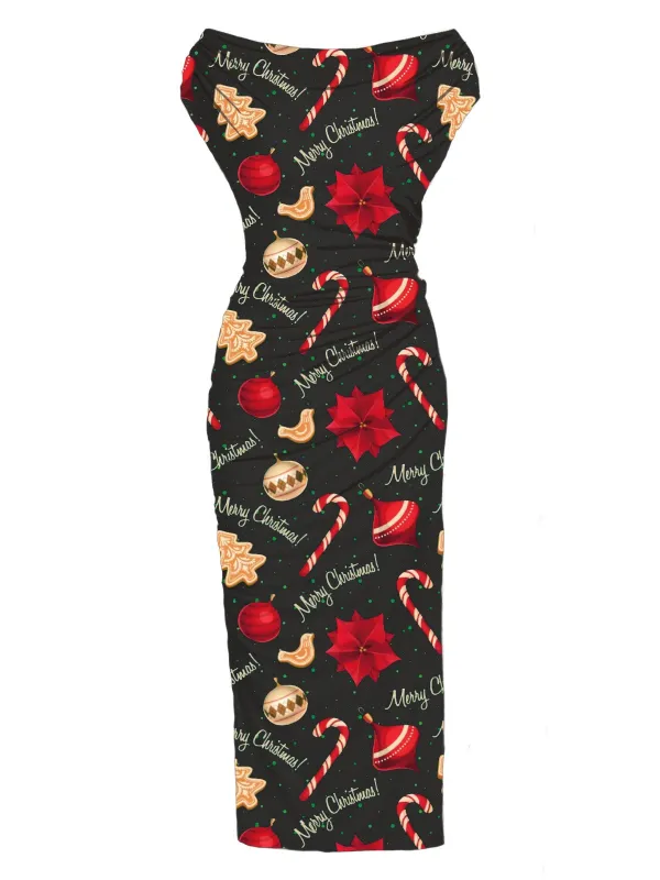 Black 1960s Christmas Cap Sleeve Slim Pleated Dress sold by Retro Stage