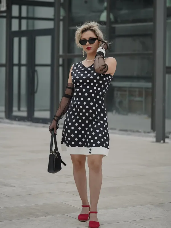 Black 1960s Polka Dot V-Neck Dress sold by Retro Stage