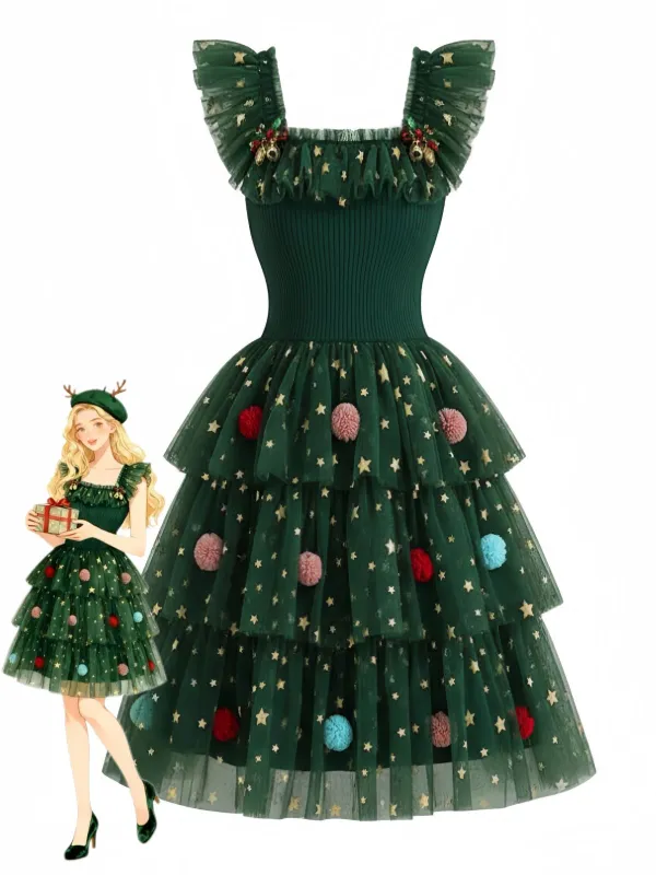 [Pre-Sale] 1970s Christmas Tree Pom Pom Mesh Dress sold by Retro Stage