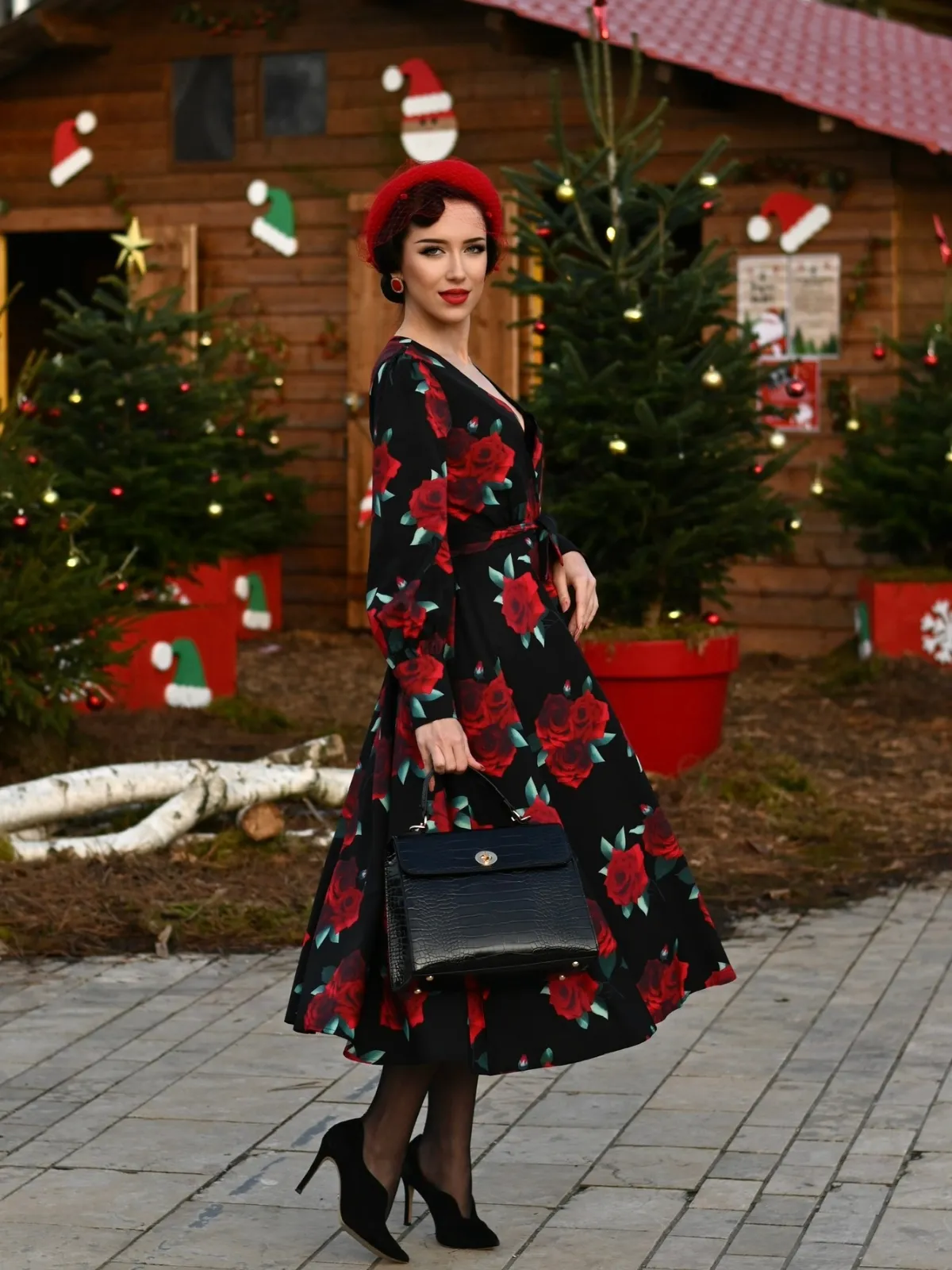 Black 1940s Rose Lantern Sleeved Lace-Up Dress sold by Retro Stage