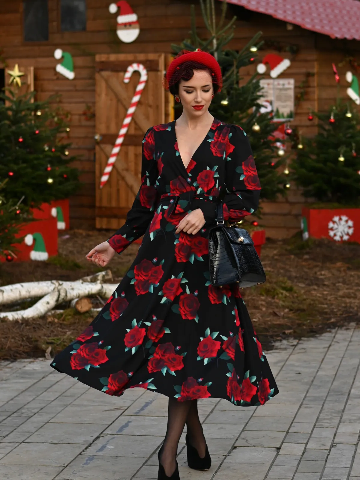 Black 1940s Rose Lantern Sleeved Lace-Up Dress sold by Retro Stage product image thumbnail 2