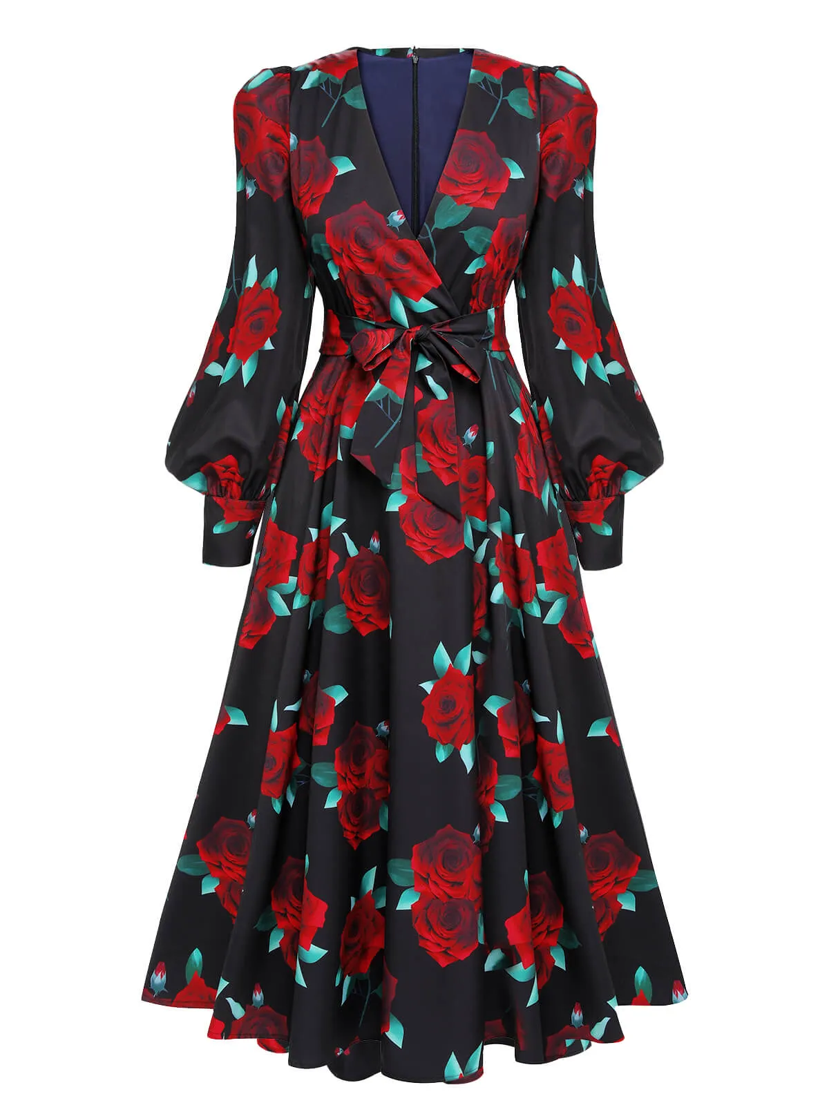 Black 1940s Rose Lantern Sleeved Lace-Up Dress sold by Retro Stage product image thumbnail 4