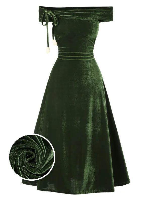 [Pre-Sale] Green 1940s Velvet Ruched Off-Shoulder Bardot Dress sold by Retro Stage