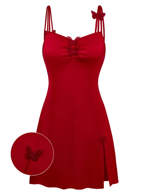 [Pre-Sale] Red 1940s Satin 3D-Butterfly Split Slip Nightgown sold by Retro Stage